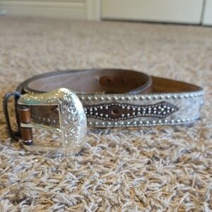Silver and Brown Western Belt with Detailed Buckle.